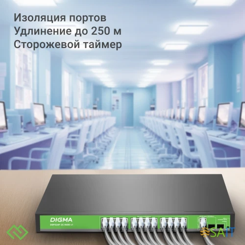 Коммутатор Digma DSP224F-2C-R400 DSP224F-2C-R400 V1 (L2) 24x100Мбит/с 2xКомбо(1000BASE-T/SFP) 24PoE 24PoE+ 400W неуправляемый