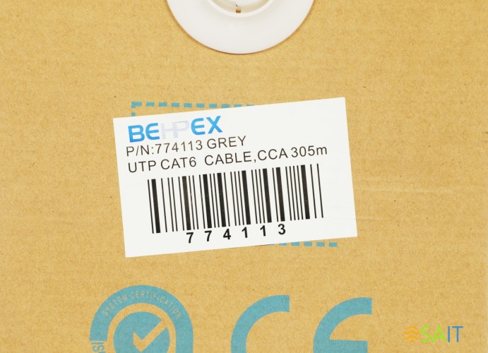 Кабель сетевой UTP 4 пары cat.6 solid 0.55мм CCA molded 305м серый