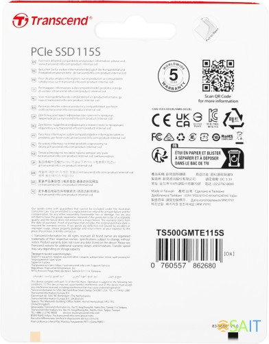 Накопитель SSD Transcend PCIe 3.0 x4 500GB TS500GMTE115S 115S M.2 2280 0.2 DWPD