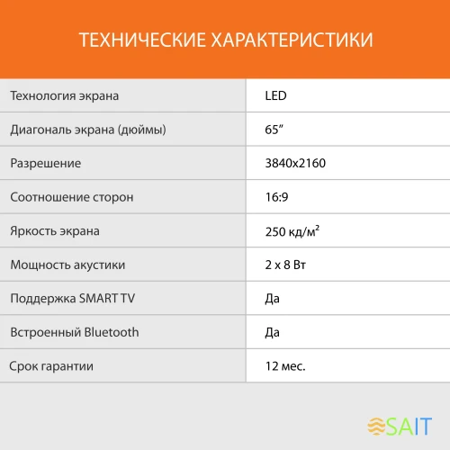 Телевизор LED SunWind 65" SUN-LED65XU401 Яндекс.ТВ Frameless черный 4K Ultra HD 60Hz DVB-T DVB-T2 DVB-C DVB-C2 DVB-S DVB-S2 USB WiFi Smart TV