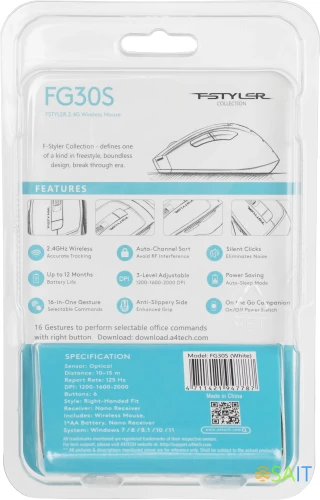 Мышь A4Tech Fstyler FG30S белый/серый оптическая 2000dpi silent беспров. USB 6but (FG30S WHITE)