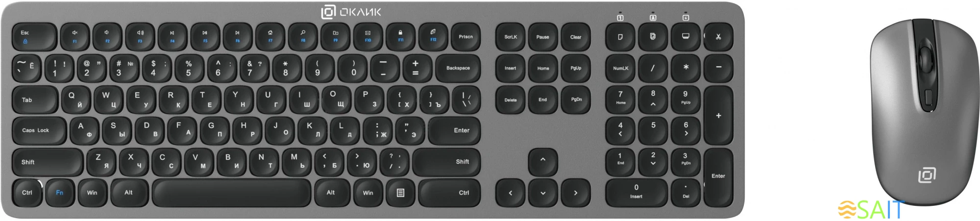 Клавиатура + мышь Оклик 300M клав:серый мышь:серый/черный USB беспроводная slim (1488402)