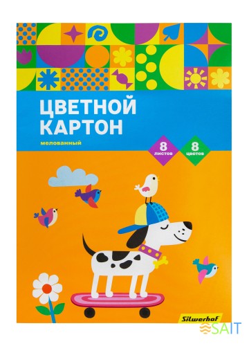 Картон цветной Silwerhof ассорти мелов. 8л. 8цв. A4 Собачка на скейте 230г/м2 1диз. обл.мел.картон папка (упак.:25шт)