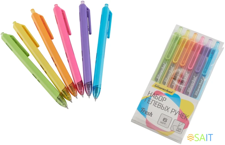 Набор ручек гелев. автоматическая Silwerhof NG Fresh d=0.5мм син. черн. блистер ев. (6шт) сменный стержень