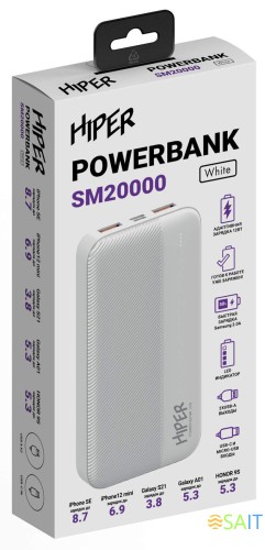 Мобильный аккумулятор Hiper SM20000 20000mAh 12W 2.4A 2xUSB-A/USB-C белый (SM20000 WHITE)