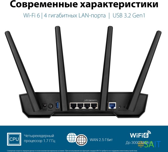 Роутер беспроводной Asus TUF-AX3000 AX3000 10/100/1000BASE-TX/4G ready черный