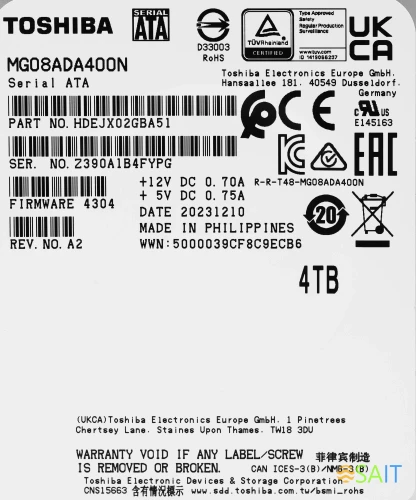 Жесткий диск Toshiba SATA-III 4TB MG08ADA400N Desktop Enterprise Capacity 512N (7200rpm) 256Mb 3.5"