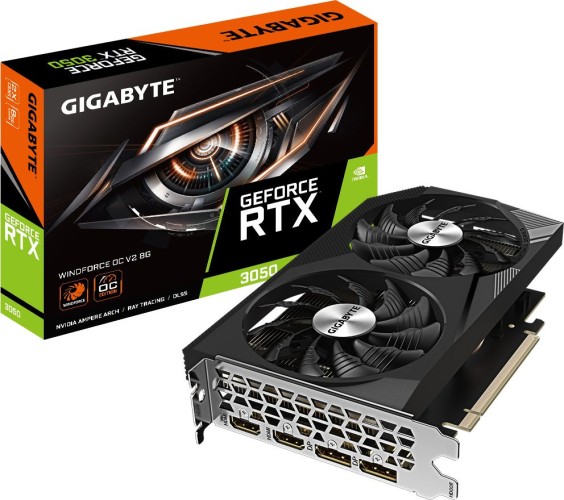 Видеокарта Gigabyte PCI-E 4.0 GV-N3050WF2OCV2-8GD NVIDIA GeForce RTX 3050 8Gb 128bit GDDR6 1792/14000 HDMIx2 DPx2 HDCP Ret