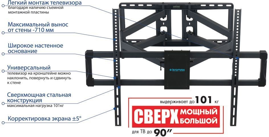 Кронштейн для телевизора Kromax ATLANTIS-75 черный 40"-90" макс.101кг настенный поворотно-выдвижной и наклонный