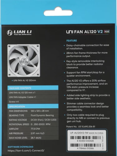 Вентилятор для корпуса Lian-Li Uni Fan ALV2 120 V2 ARGB 120х120x28 белый 4-pin 28.7дБ (G99.12ALV21W.00) Ret