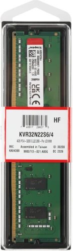 Память DDR4 4Gb 3200MHz Kingston KVR32N22S6/4 VALUERAM RTL PC4-25600 CL22 DIMM 288-pin 1.2В single rank Ret