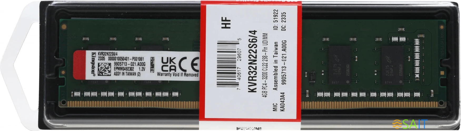 Память DDR4 4Gb 3200MHz Kingston KVR32N22S6/4 VALUERAM RTL PC4-25600 CL22 DIMM 288-pin 1.2В single rank Ret