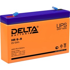 Батарея DELTA серия HR, HR 6-9, напряжение 6В, емкость 9Ач (разряд 20 часов),  макс. ток разряда (5 сек.) 135А, макс. ток заряда 2.55А, свинцово-кислотная типа AGM, клеммы F1, ДxШxВ 151х34х94мм., вес 1.37кг., срок службы 8 лет. Delta UPS HR 6-9 (6V / 9Ah)