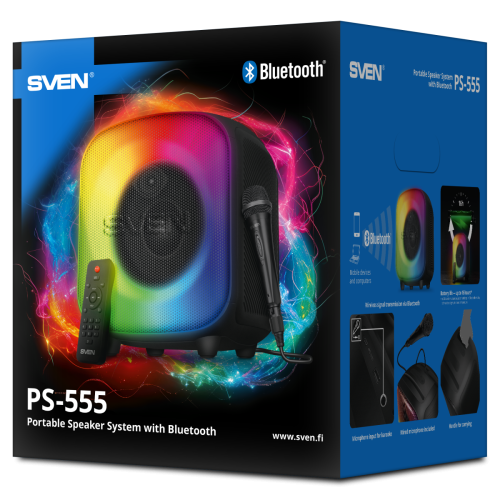 АС SVEN PS-555, черный, акустическая система (65 Вт, TWS, Bluetooth, USB, microSD, пульт, 4000мА*ч) SVEN PS-555