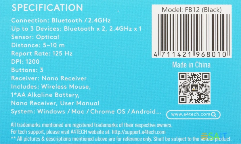 Мышь A4Tech Fstyler FB12 черный оптическая 1200dpi беспров. BT/Radio USB 3but (FB12 BLACK)