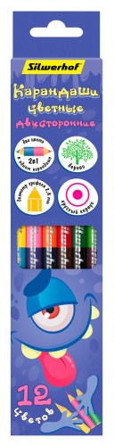 Карандаши цв. Silwerhof Монстрики двухцвет. 2.8мм кругл. дерево ассорти 12цв. коробка/европод. (6шт)