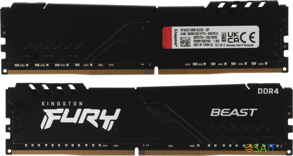 Память DDR4 2x16GB 3200MHz Kingston KF432C16BB1K2/32-SP Fury Beast RTL Gaming PC4-25600 CL16 DIMM 288-pin 1.35В dual rank с радиатором Ret