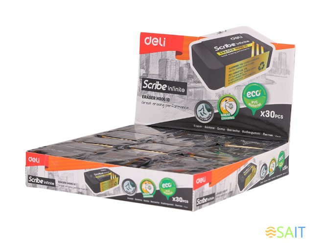 Ластик Deli EH00610 Scribe Infinite 30х11х46мм черный индивидуальная картонная упаковка