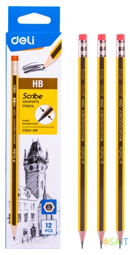 Карандаш ч/г Deli EC004-HB Scribe HB шестигран. тополь карт.кор. (12шт) ластик