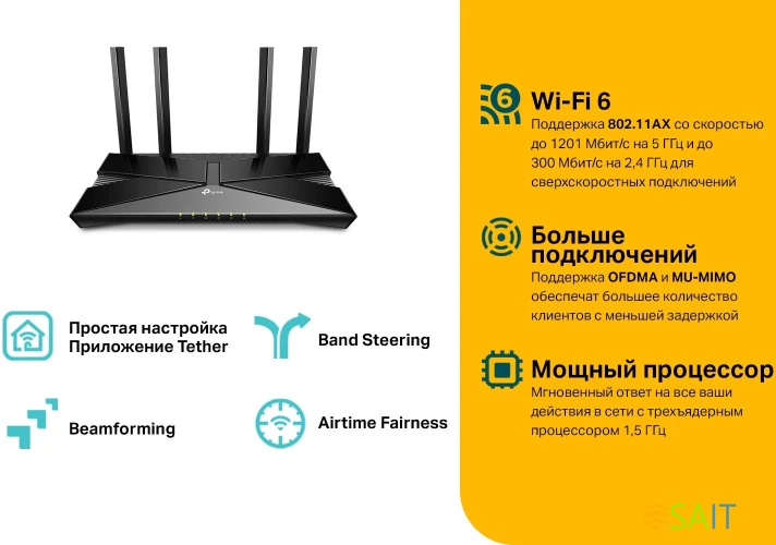 Роутер беспроводной TP-Link Archer AX10 AX1500 10/100/1000BASE-TX черный