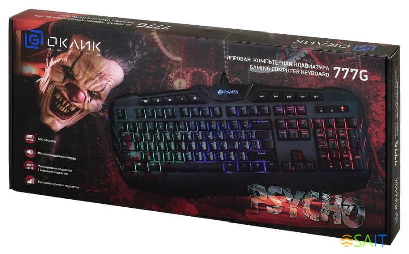 Клавиатура Оклик 777G PSYCHO черный USB Multimedia for gamer LED (подставка для запястий)