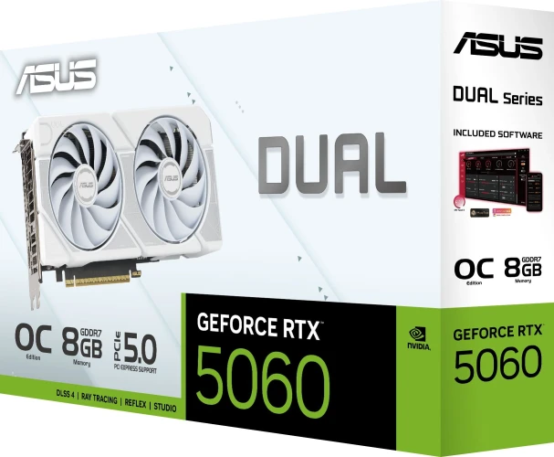 Видеокарта Asus PCI-E 5.0 DUAL-RTX5060-O8G-WHITE NVIDIA GeForce RTX 5060 8Gb 128bit GDDR7 2535/28000 HDMIx1 DPx3 HDCP Ret