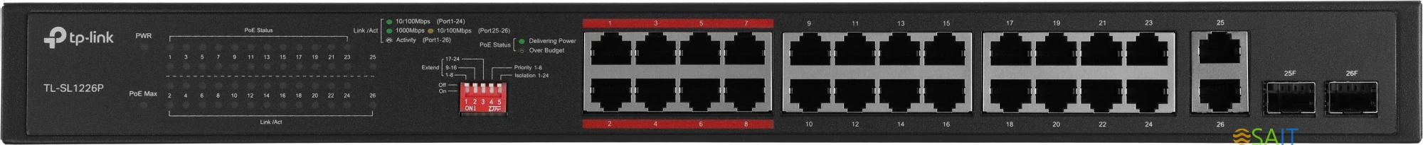 Коммутатор TP-Link TL-SL1226P (L2) 24x100Мбит/с 2x1Гбит/с 2xКомбо(1000BASE-T/SFP) 24PoE+ 250W неуправляемый