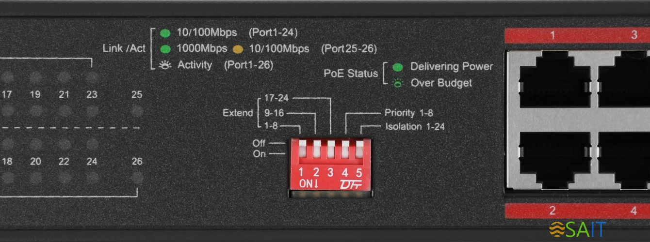 Коммутатор TP-Link TL-SL1226P (L2) 24x100Мбит/с 2x1Гбит/с 2xКомбо(1000BASE-T/SFP) 24PoE+ 250W неуправляемый
