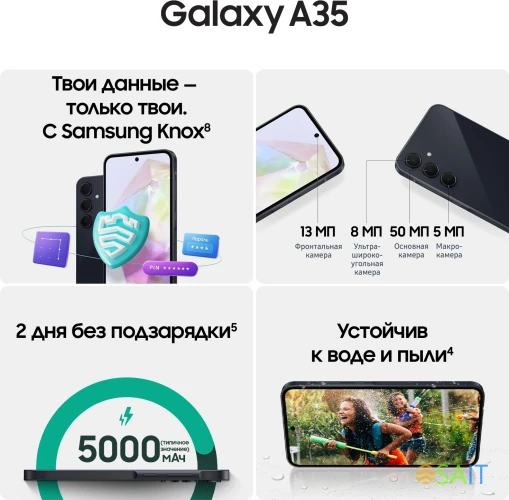 Смартфон Samsung SM-A356E Galaxy A35 5G 256Gb 8Gb темно-синий моноблок 3G 4G 2Sim 6.6" 1080x2340 Android 14 50Mpix 802.11 a/b/g/n/ac/ax NFC GPS GSM900/1800 GSM1900 Protect microSD max1024Gb