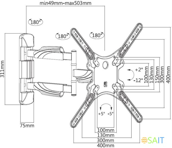 Кронштейн для телевизора Ultramounts UM871 черный 23"-55" макс.35кг настенный поворотно-выдвижной и наклонный