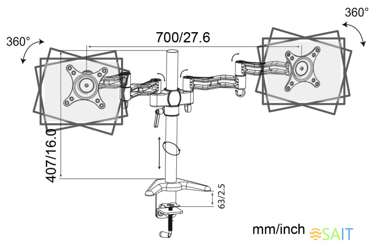 Кронштейн для мониторов Cactus CS-VM-D08-AL серебристый 13"-27" макс.8кг настольный поворот и наклон