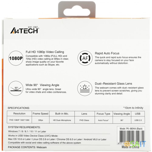 Камера Web A4Tech PK-980HA черный 2Mpix (1920x1080) USB3.0 с микрофоном