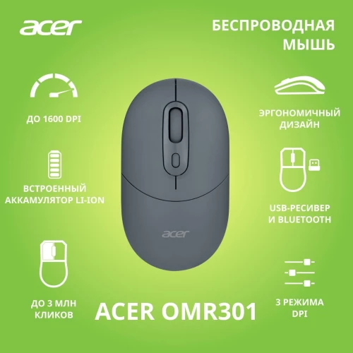 Мышь Acer OMR301 черный оптическая 1600dpi беспров. BT/Radio USB 4but (ZL.MCECC.01T)