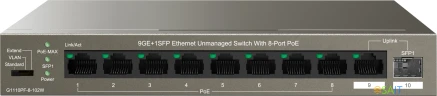 Коммутатор IP-Com G1110PF-8-102W (L2) 9x1Гбит/с 1xКомбо(1000BASE-T/SFP) 1SFP 8PoE 92W неуправляемый