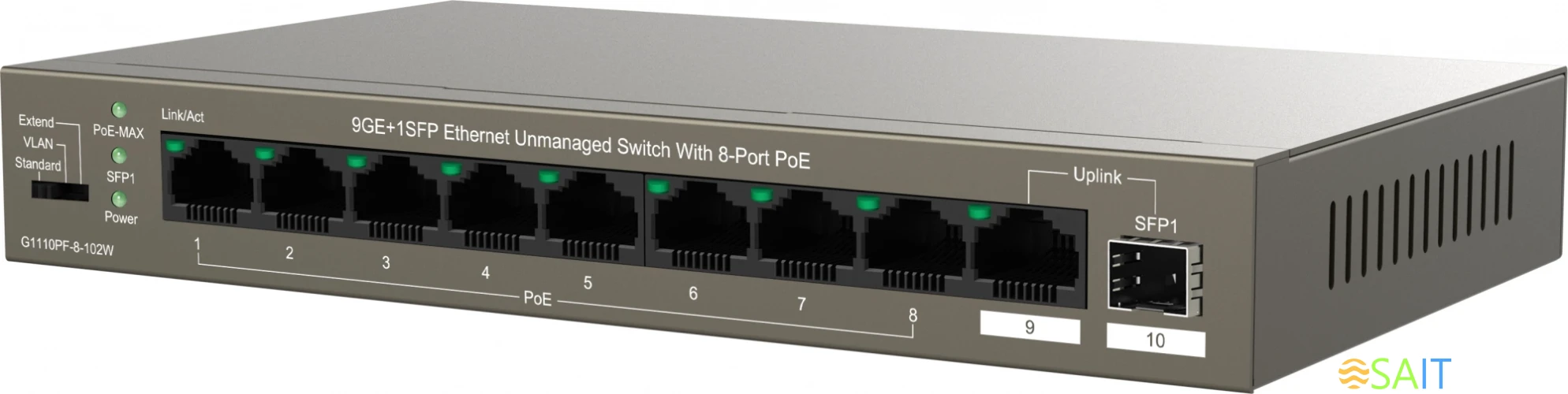 Коммутатор IP-Com G1110PF-8-102W (L2) 9x1Гбит/с 1xКомбо(1000BASE-T/SFP) 1SFP 8PoE 92W неуправляемый