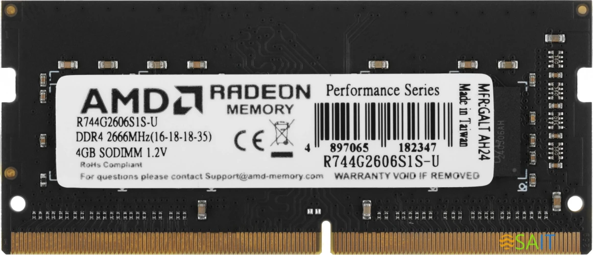 Память DDR4 4Gb 2666MHz AMD R744G2606S1S-U Radeon R7 Performance Series RTL PC4-21300 CL16 SO-DIMM 260-pin 1.2В Ret