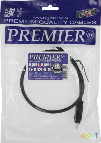 Кабель соединительный аудио-видео Premier 5-813 HDMI (m)/HDMI (m) 0.5м. феррит.кольца черный (5-813 0.5)