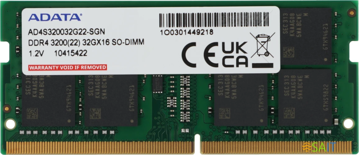 Память DDR4 32Gb 3200MHz A-Data AD4S320032G22-SGN RTL PC4-25600 CL22 SO-DIMM 260-pin 1.2В single rank Ret