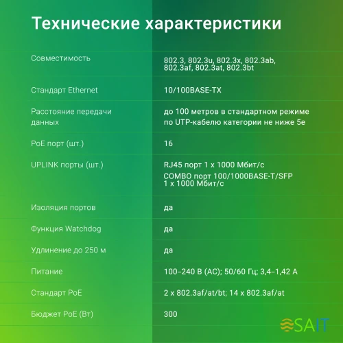 Коммутатор Digma DSP216F-1G-1C-R300 (L2) 16x100Мбит/с 1x1Гбит/с 1xКомбо(1000BASE-T/SFP) 16PoE 16PoE+ 2PoE++ 300W неуправляемый