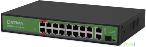 Коммутатор Digma DSP216F-1G-1C-R300 (L2) 16x100Мбит/с 1x1Гбит/с 1xКомбо(1000BASE-T/SFP) 16PoE 16PoE+ 2PoE++ 300W неуправляемый