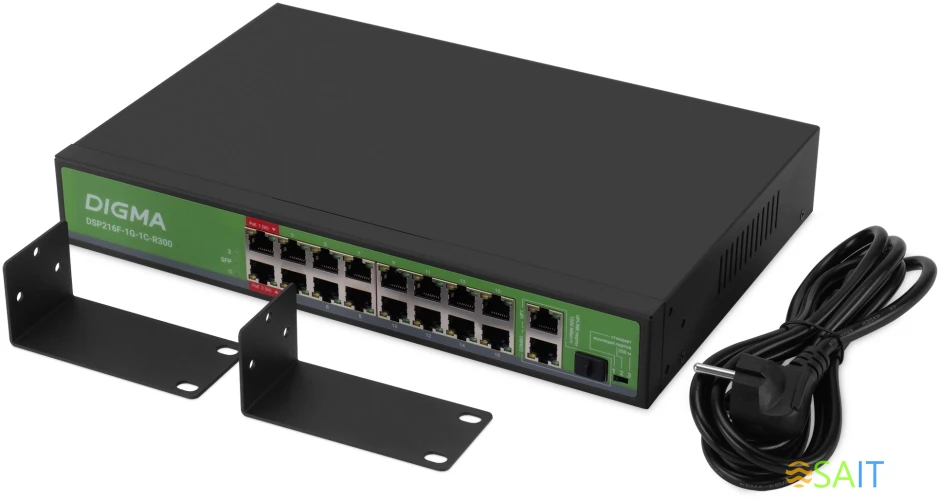 Коммутатор Digma DSP216F-1G-1C-R300 (L2) 16x100Мбит/с 1x1Гбит/с 1xКомбо(1000BASE-T/SFP) 16PoE 16PoE+ 2PoE++ 300W неуправляемый