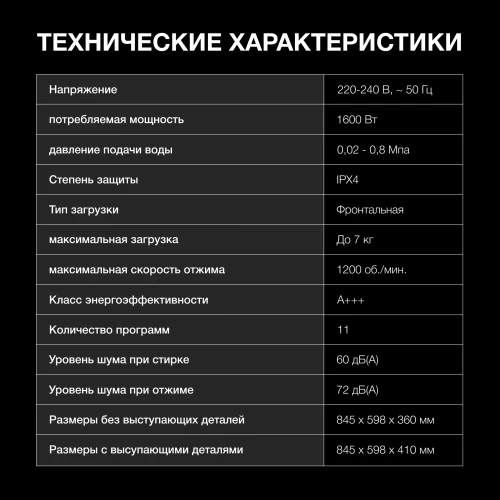 Стиральная машина Hyundai WME7215 класс: A загр.фронтальная макс.:7кг белый инвертор