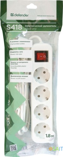 Сетевой удлинитель Defender S418 1.8м (4 розетки) белый (пакет ПЭ)