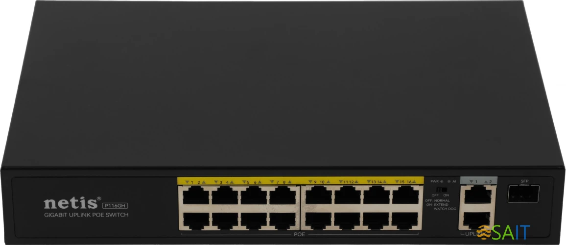 Коммутатор Netis P116GH (L2) 16x100Мбит/с 2x1Гбит/с 1SFP 16PoE 16PoE+ 240W неуправляемый