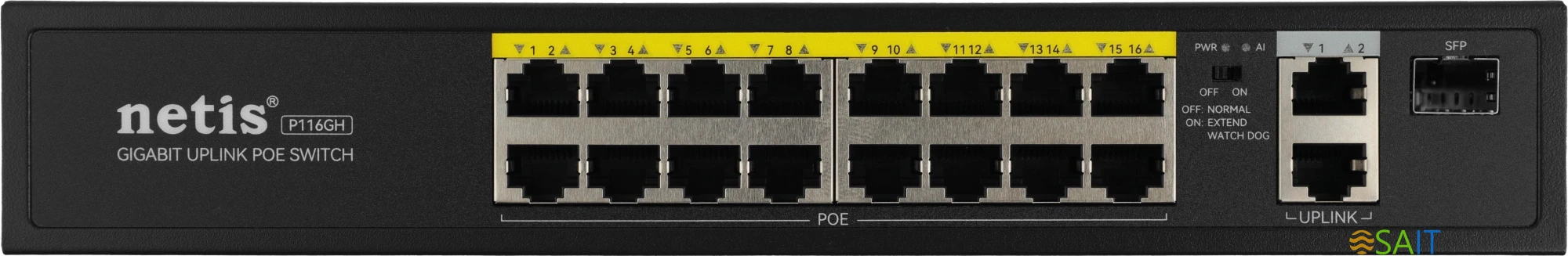 Коммутатор Netis P116GH (L2) 16x100Мбит/с 2x1Гбит/с 1SFP 16PoE 16PoE+ 240W неуправляемый