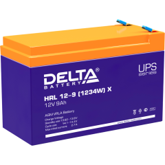 Батарея DELTA серия HRL-X, HRL 12-9 X, напряжение 12В, емкость 9Ач (разряд 10 часов),  макс. ток разряда (5 сек.) 135А, макс. ток заряда 2.7А, свинцово-кислотная типа AGM, клеммы F2, ДxШxВ 151х65х94мм., вес 2.55кг., срок службы 12 лет. Delta UPS HRL 12-9 