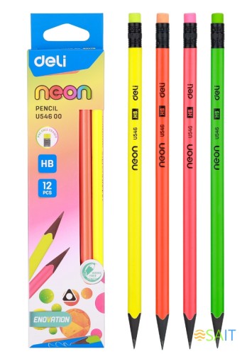 Набор карандашей ч/г Deli EU54600 Neon HB трехгран. пластик ассорти 4цв. неон кор.европод. (12шт) ластик 12 карандашей для тех/черт.целей