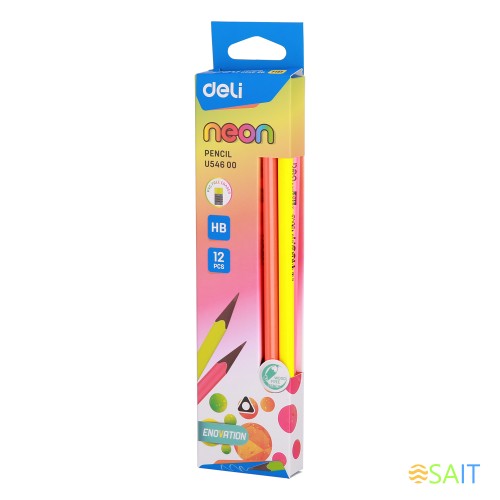 Набор карандашей ч/г Deli EU54600 Neon HB трехгран. пластик ассорти 4цв. неон кор.европод. (12шт) ластик 12 карандашей для тех/черт.целей