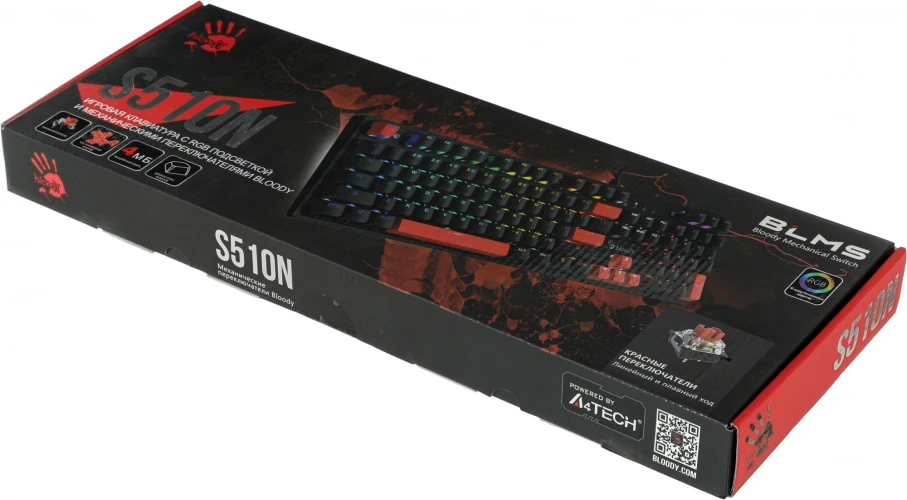 Клавиатура A4Tech S510N механическая черный USB for gamer LED (S510N (FIRE BLACK)) кабель 1.8м