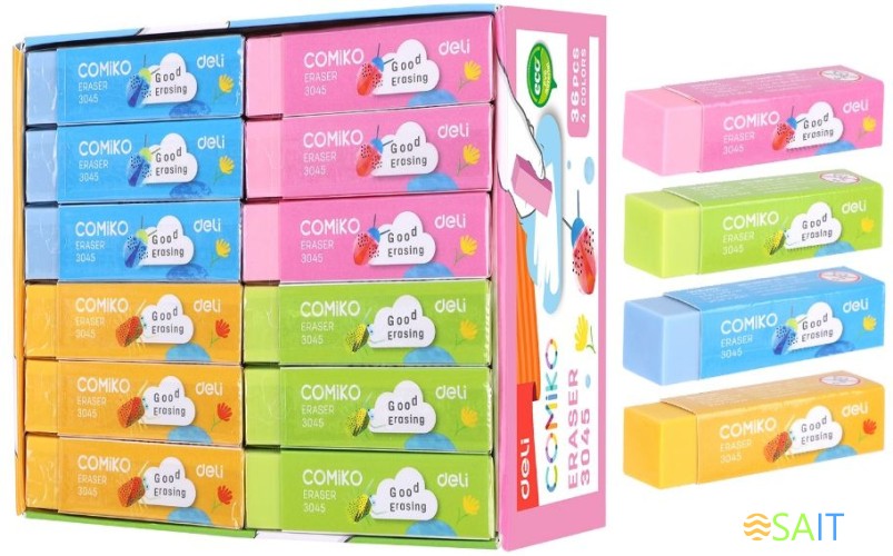 Ластик Deli E3045 Color 60x15x15мм ПВХ ассорти индивидуальная картонная упаковка